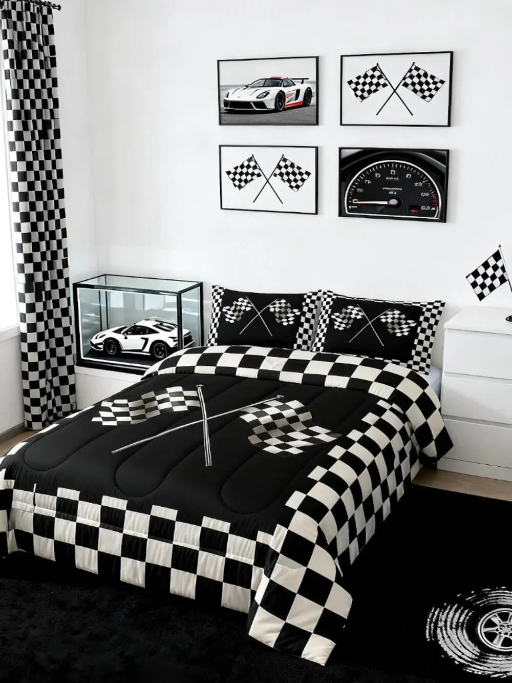 Black White Flag Full Size Comforter Set Geometric Grid Bedding Set for Kids Adu